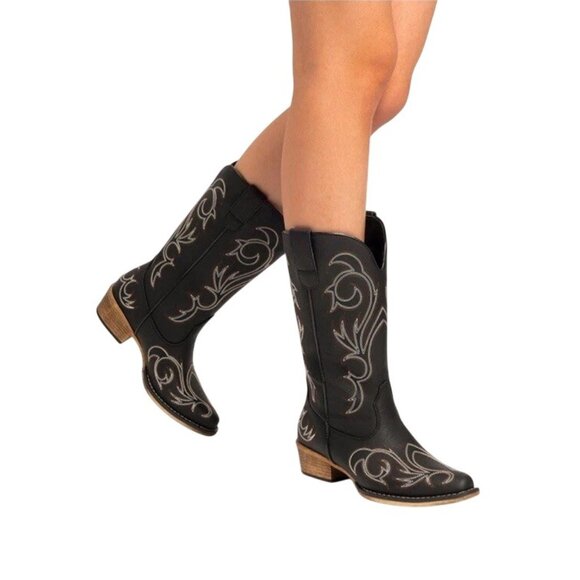 Dream Pairs Shoes - Women 8 Square-toe Mid-Calf Cowgirl Boots Embroidered Western Black- Dream Paris